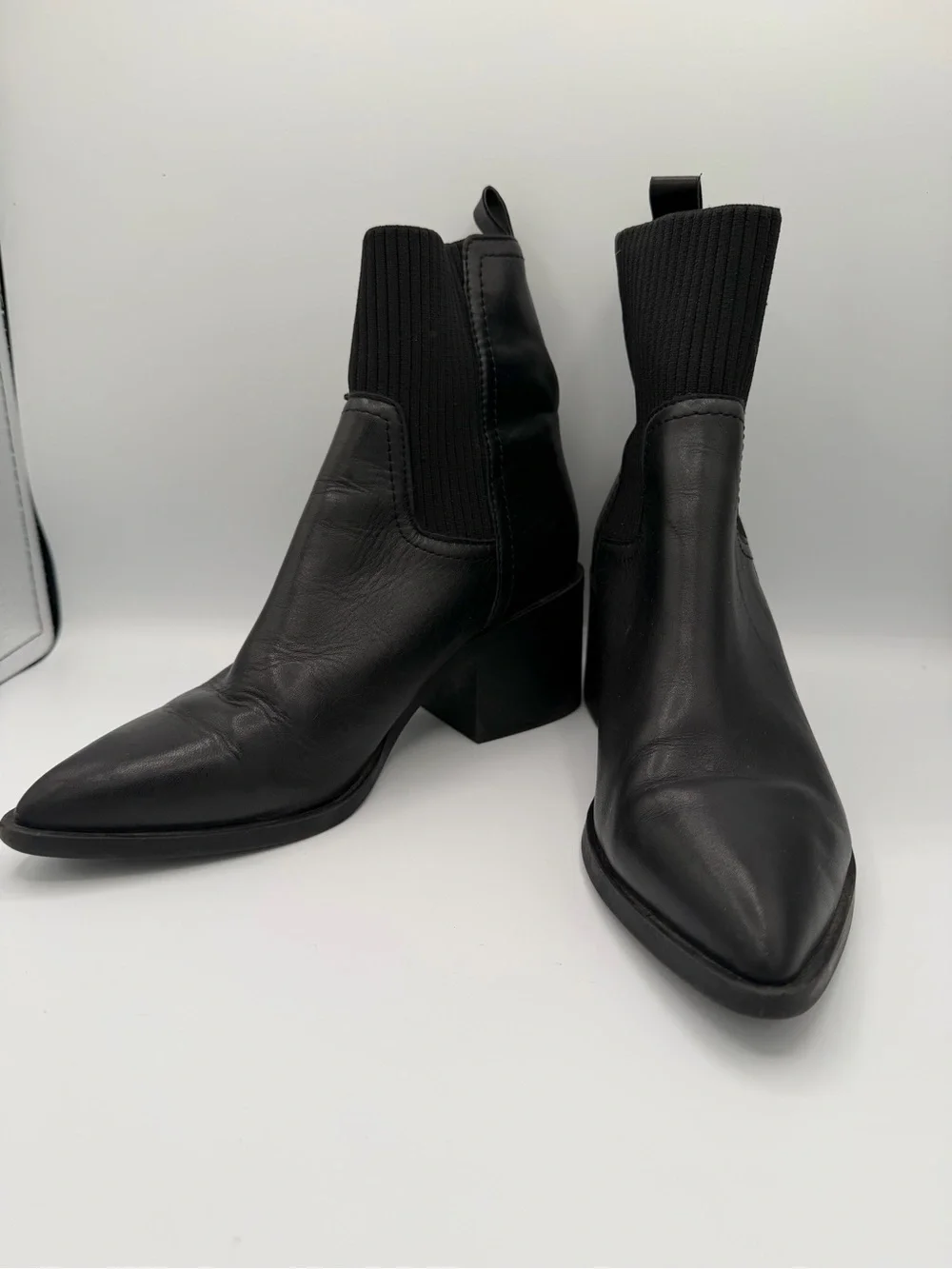 Steve Madden Black Pointed Sock Booties with Block Heel